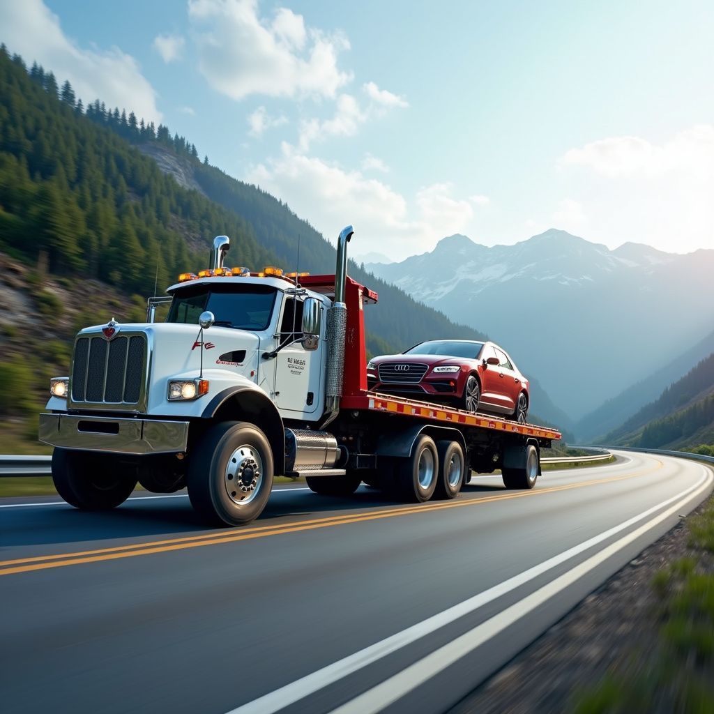 Tow truck hauling a red car on a mountain road with mountains and sky in the background.