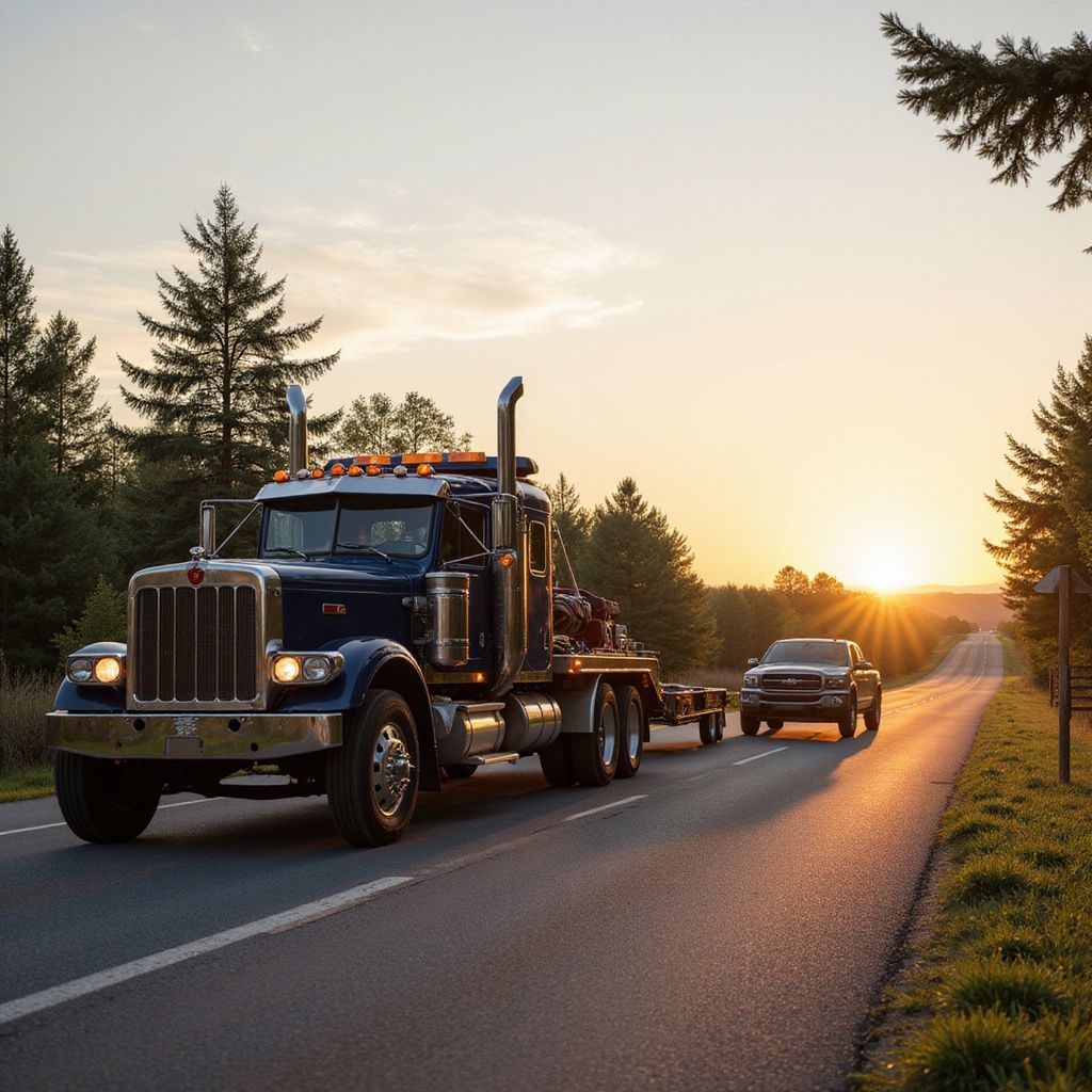 A blue semi-truck and a pickup truck drive on a road at sunset, trees line the road.