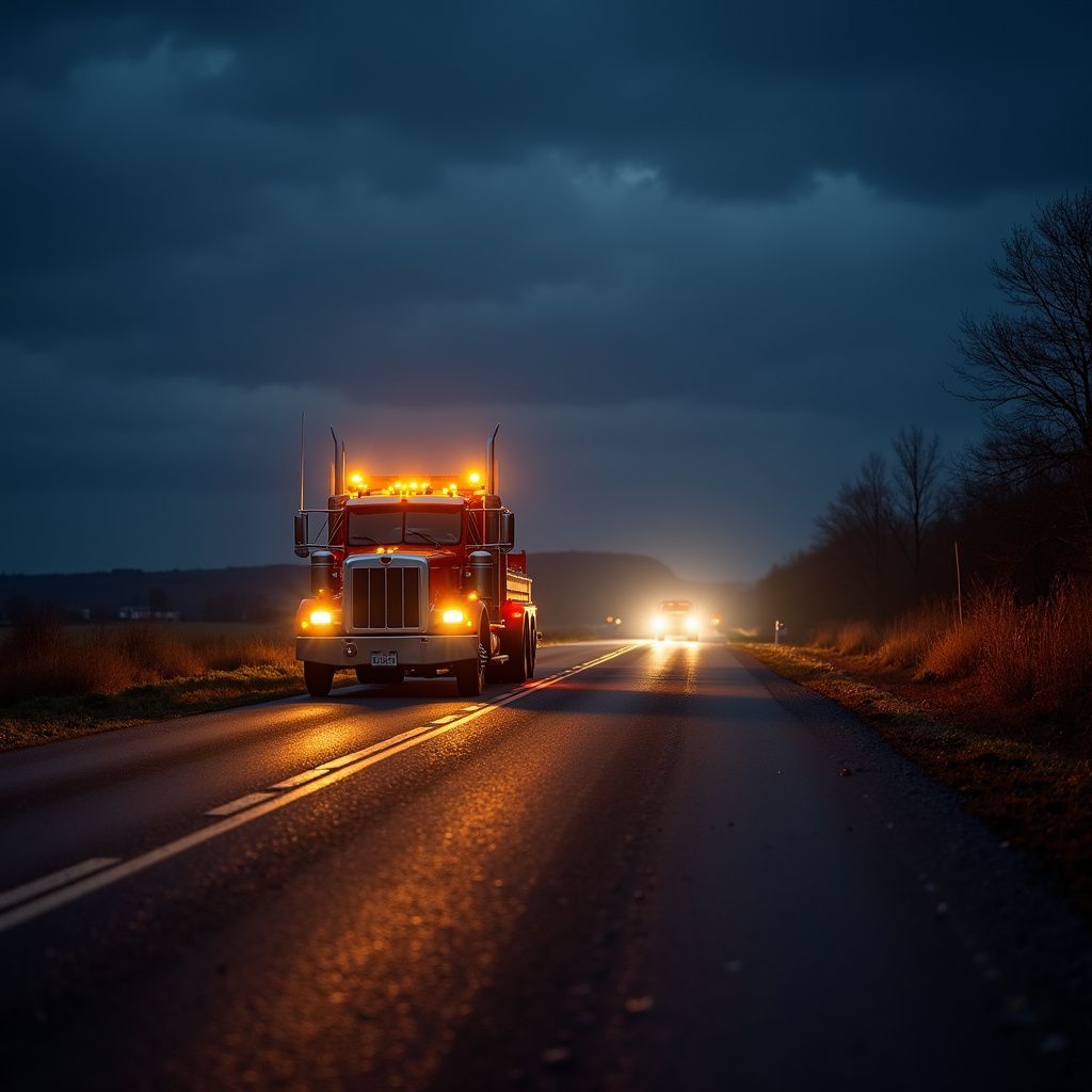 A red semi-truck with lights on travels down a dark road at dusk.