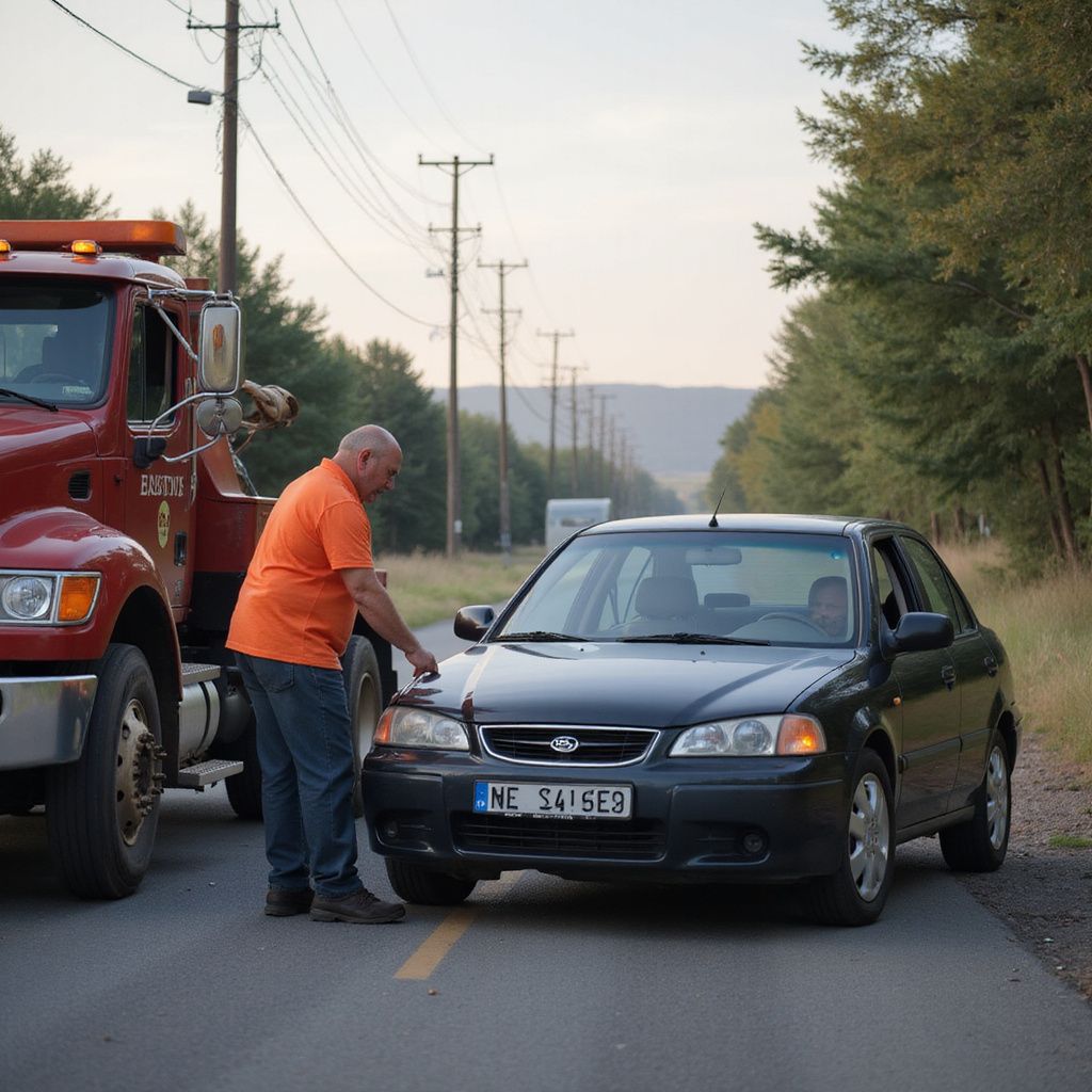 Tow truck assisting a dark sedan on a rural road. A person in orange shirt checks the car's engine.