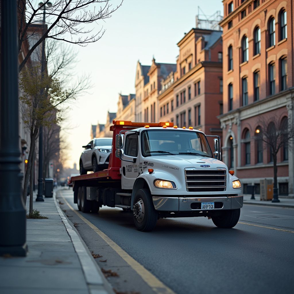 Tow truck with a car on its flatbed on a city street with brick buildings.