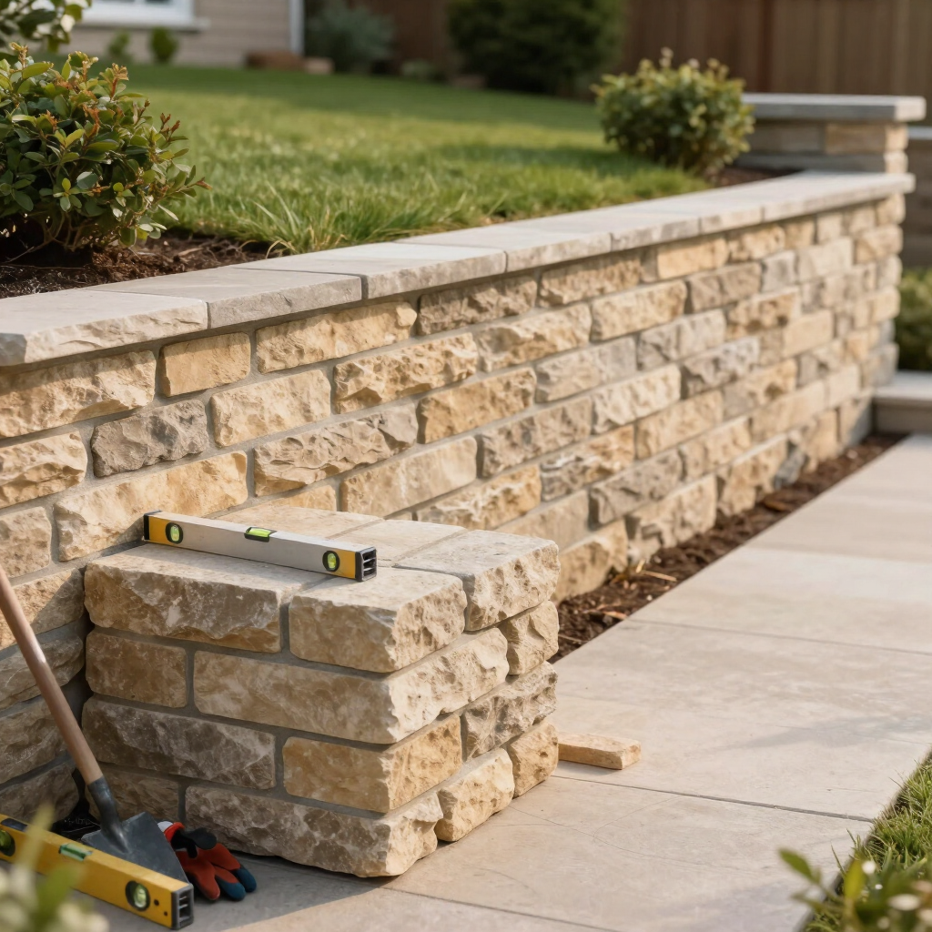 Stone retaining wall under construction with level tools and pavers beside a sidewalk