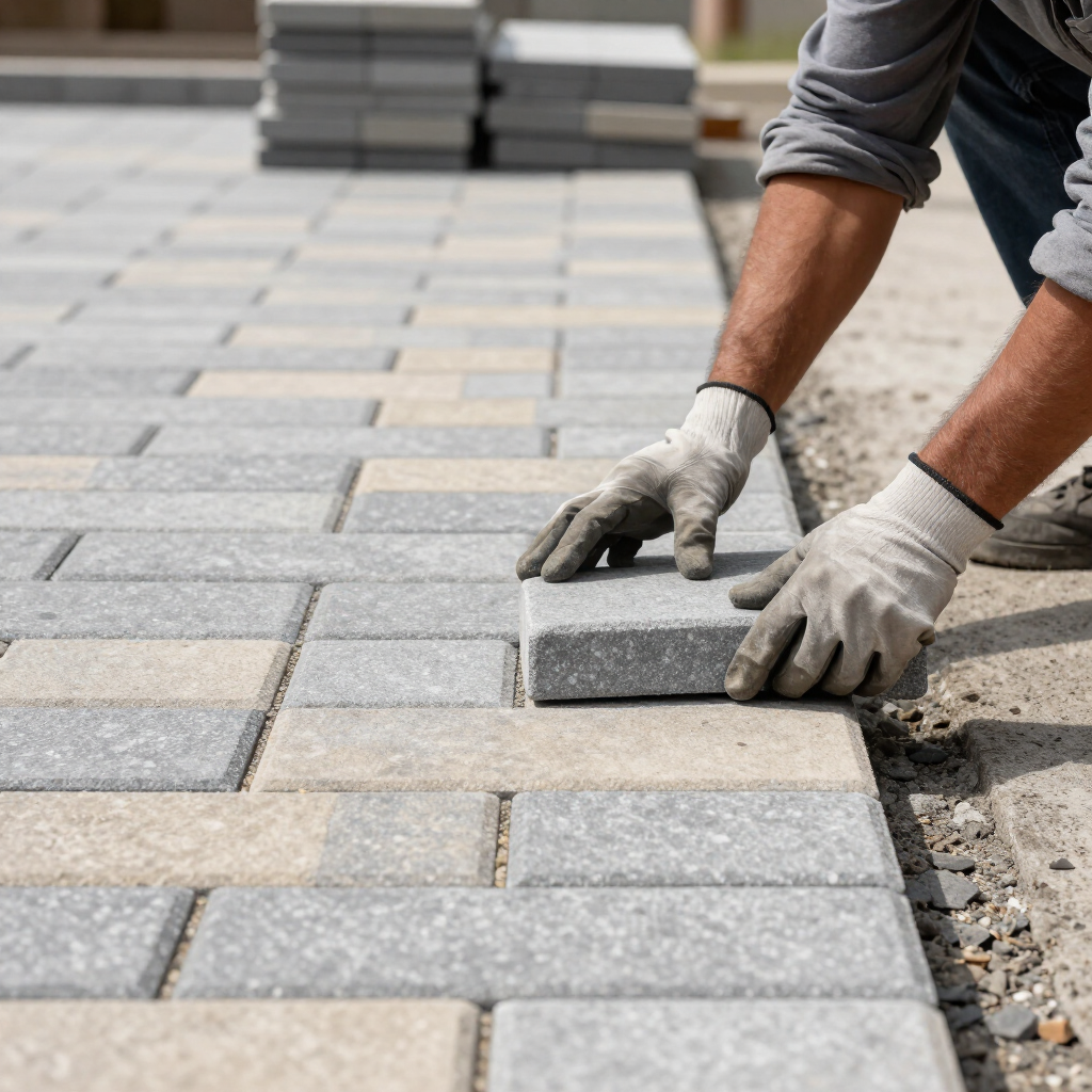 Worker laying gray paving stones on an outdoor walkway