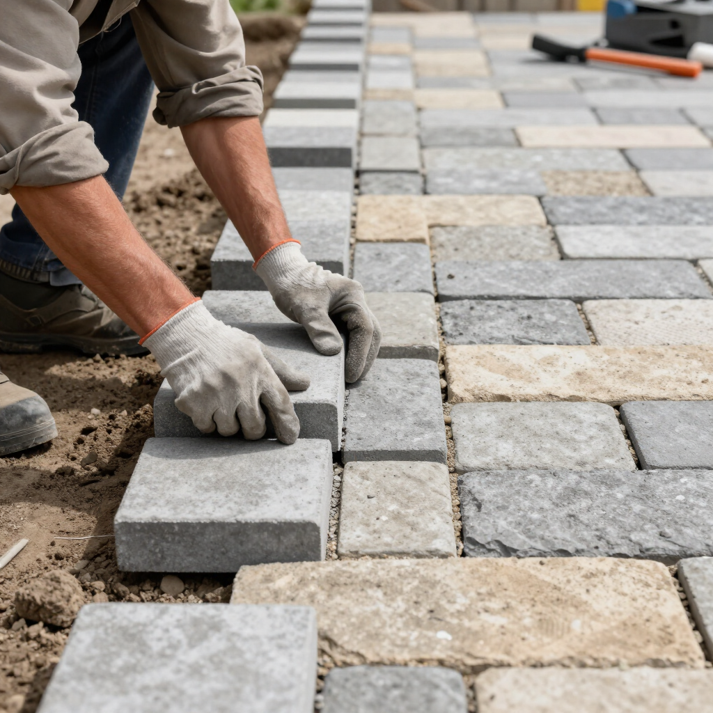Worker laying gray pavers by hand on a stone walkway under construction