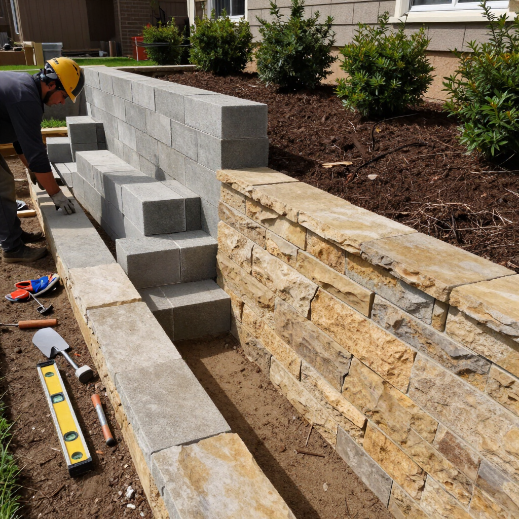 Worker building a gray block retaining wall beside a tan stone wall in a landscaped yard