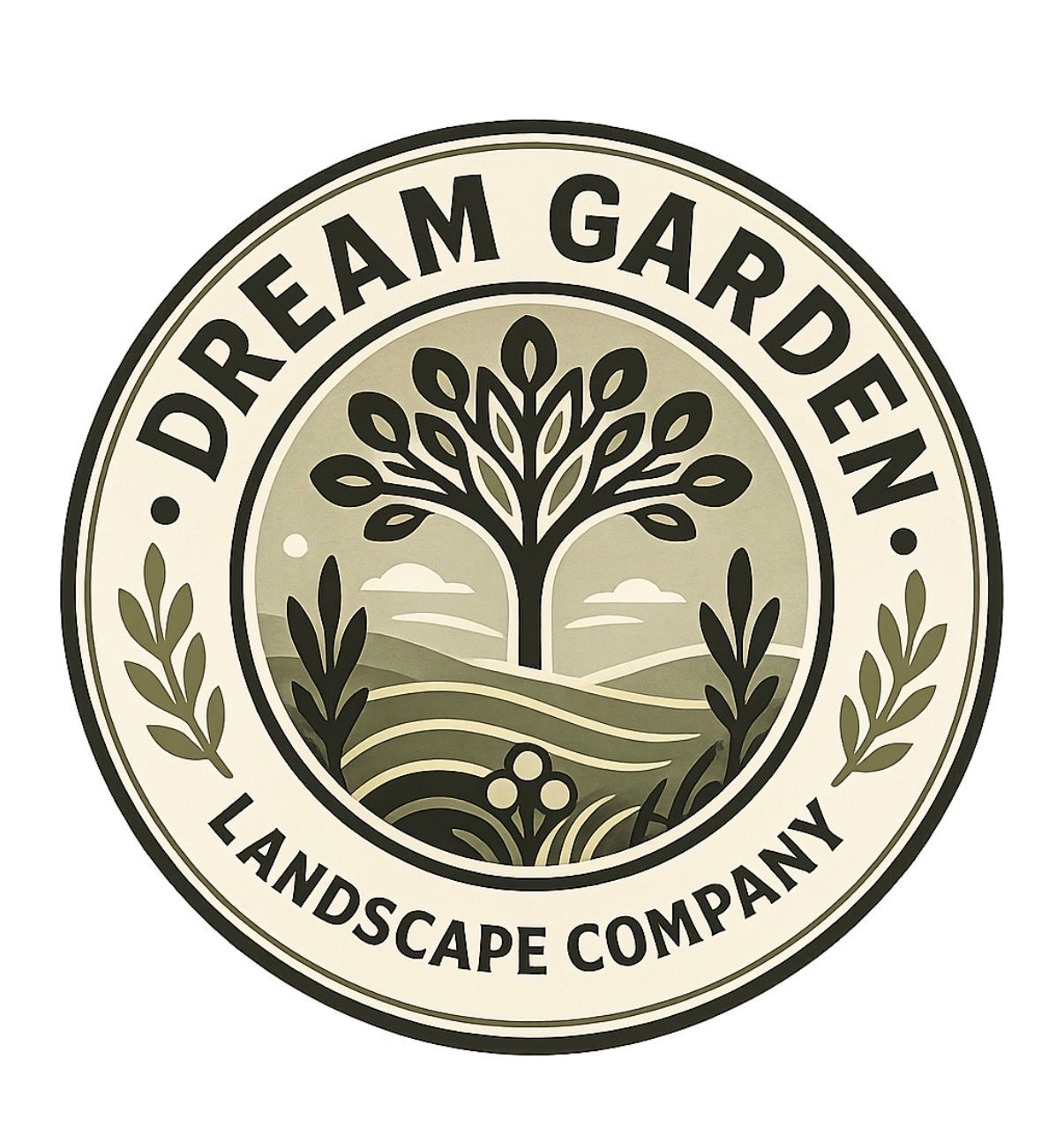 Dream Garden Landscape Company logo with stylized tree and leaves in beige, green, and black