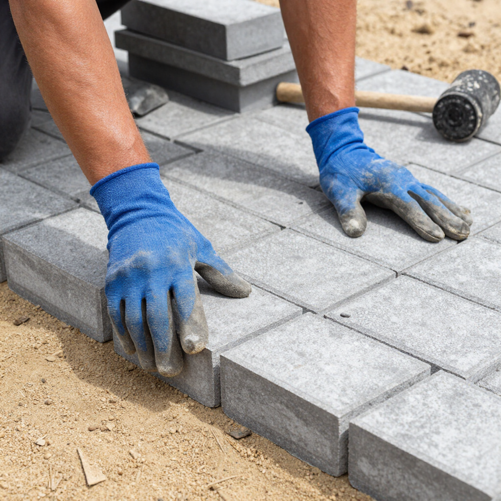 Gloved hands laying gray paving stones on sand at a construction site