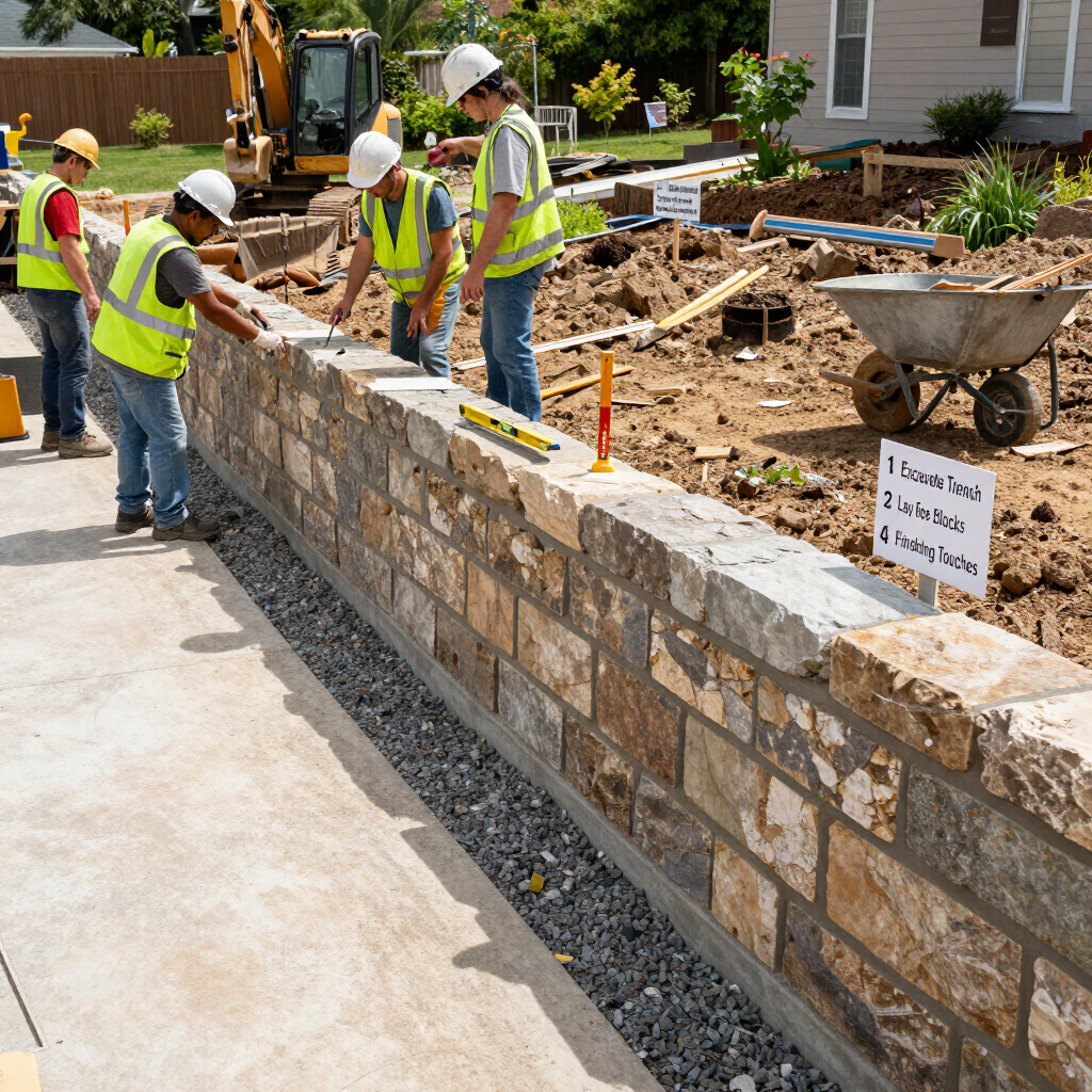 Construction workers building a stone retaining wall beside a sidewalk, with a wheelbarrow and excavator nearby.