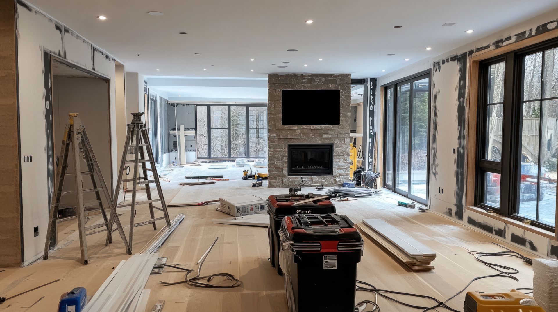 A large room with a lot of windows and a fireplace is being remodeled.