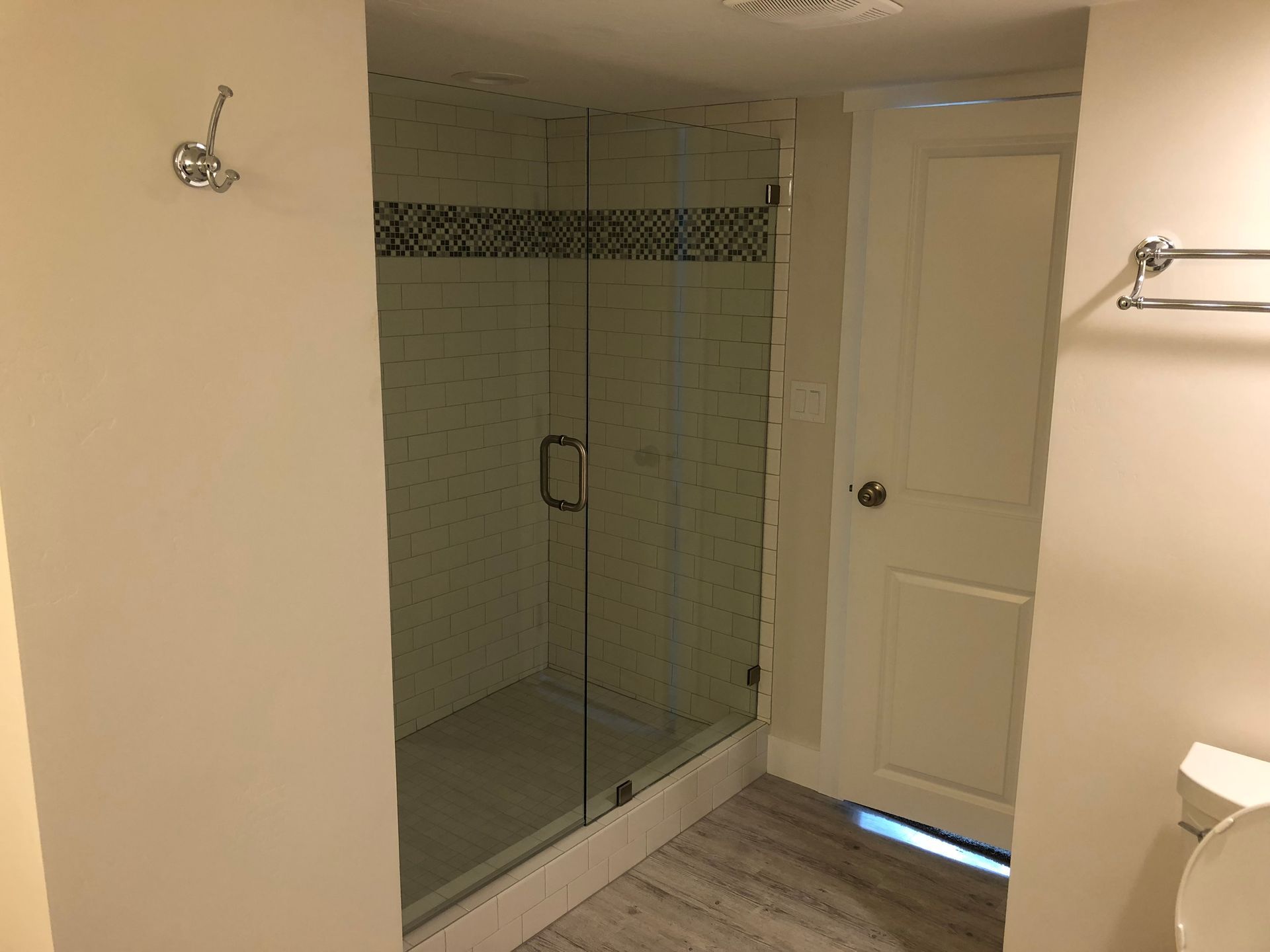 A bathroom with a walk in shower and a toilet.