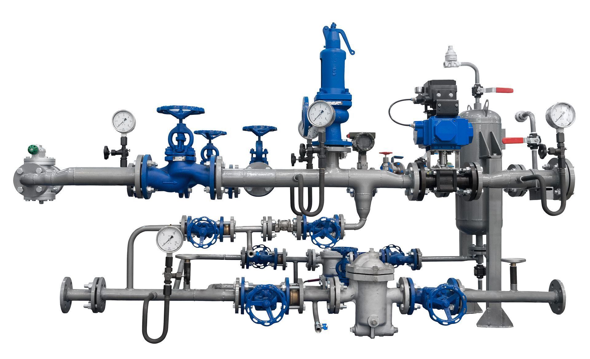 Industrial piping manifold with blue and gray valves, gauges, and pumps on a white background