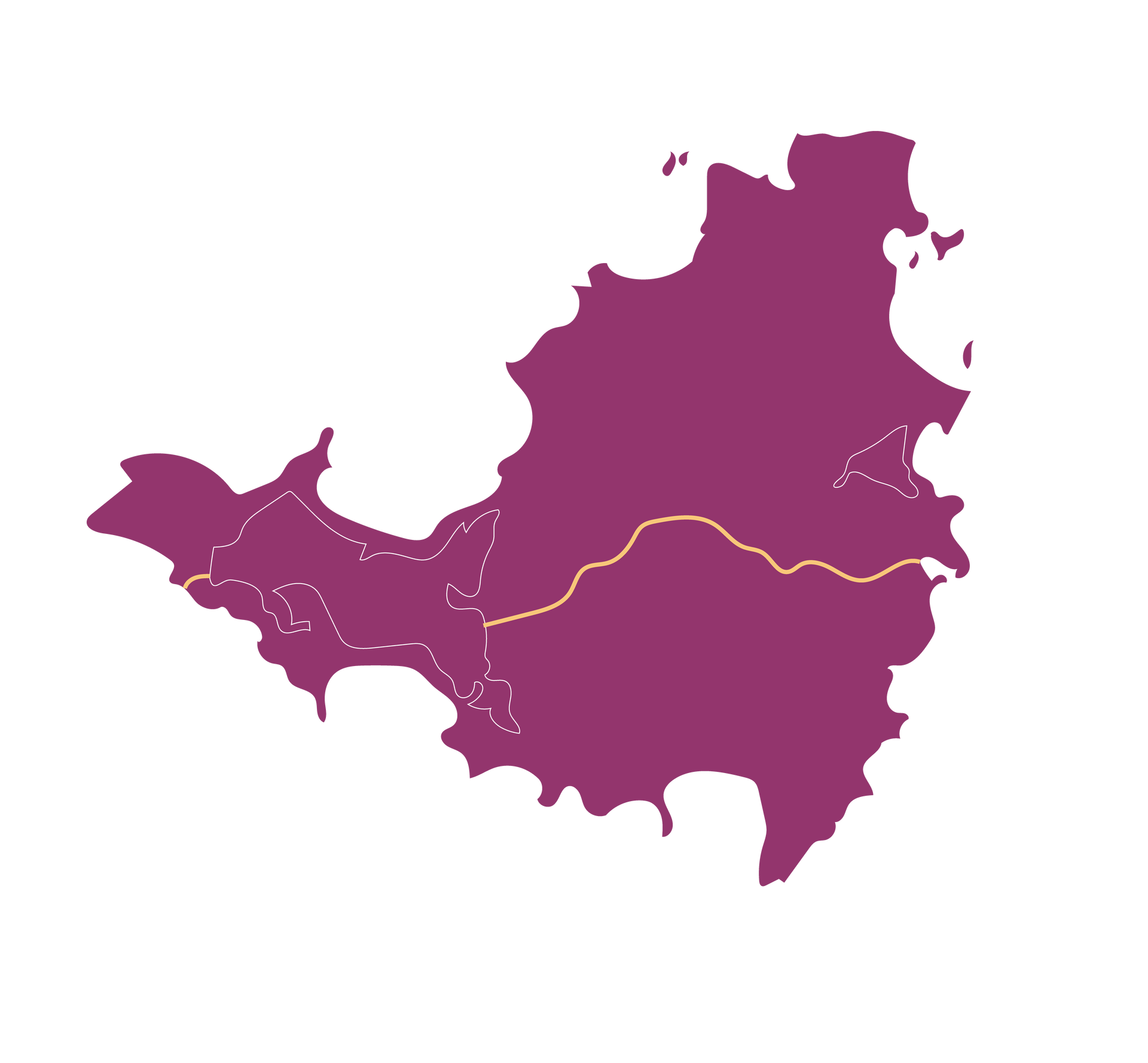 Map of Saint Martin in purple with a tan road.