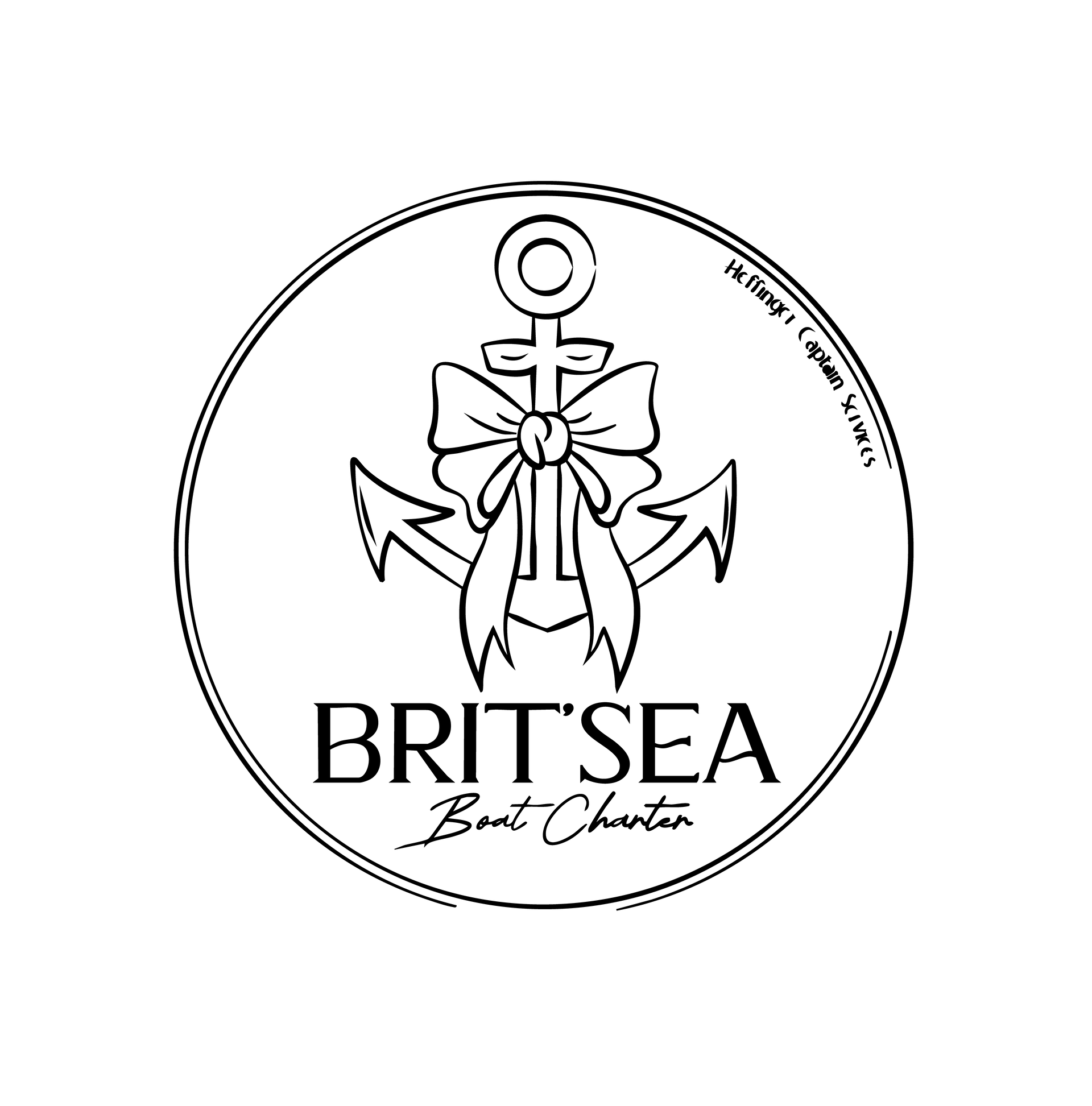 Black and white Brit'Sea Boat Charter logo: anchor with ribbon, within a circle, with text.