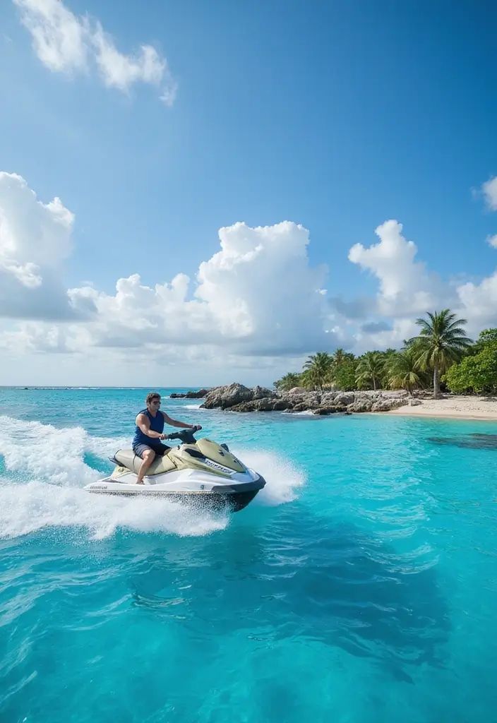Person on a jet ski speeding across bright turquoise water, near a tropical beach under a blue sky.