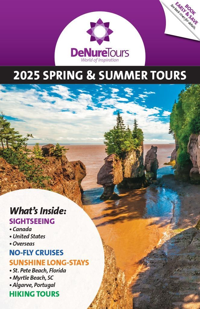 Brochure for DeNureTours, featuring spring and summer tours for 2025. Includes sightseeing, cruises, and sunshine long stays.