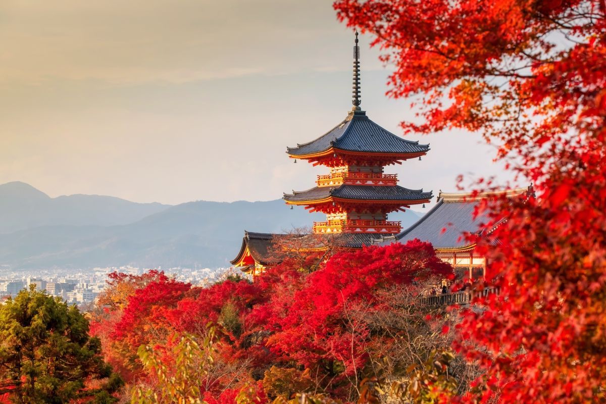 Pagoda surrounded by vivid red autumn foliage with mountains in the background