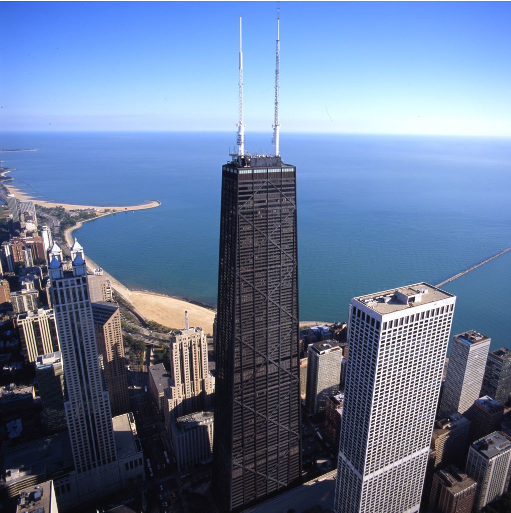 Aerial view of Chicago skyline with the John Hancock Center, near Lake Michigan.