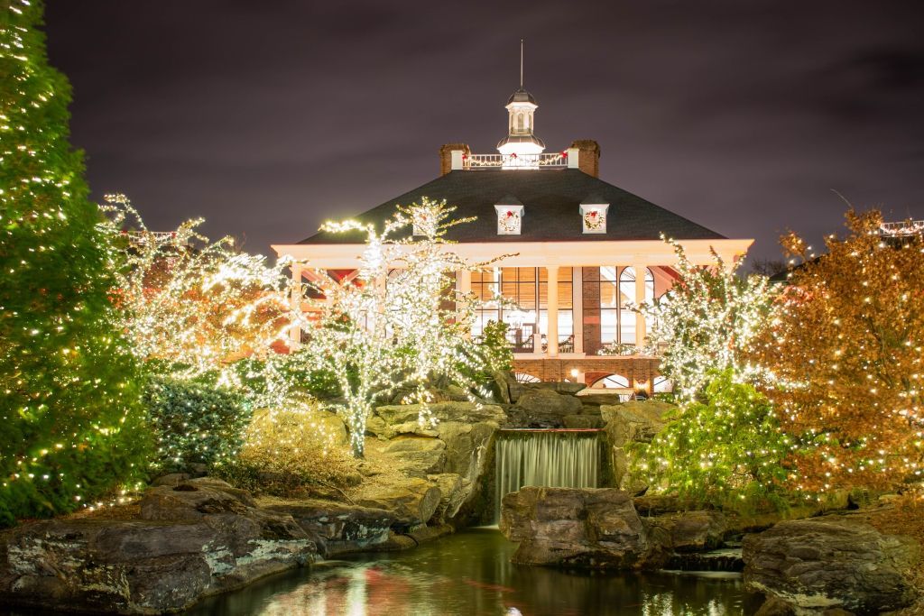 Building with Christmas lights, waterfall, and trees on a dark night.