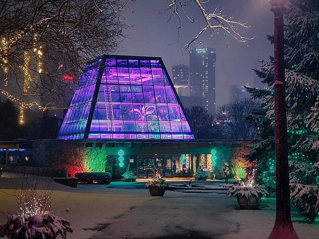 A snowy night scene of a building with a glass pyramid roof lit with purple lights, decorated for the holidays.