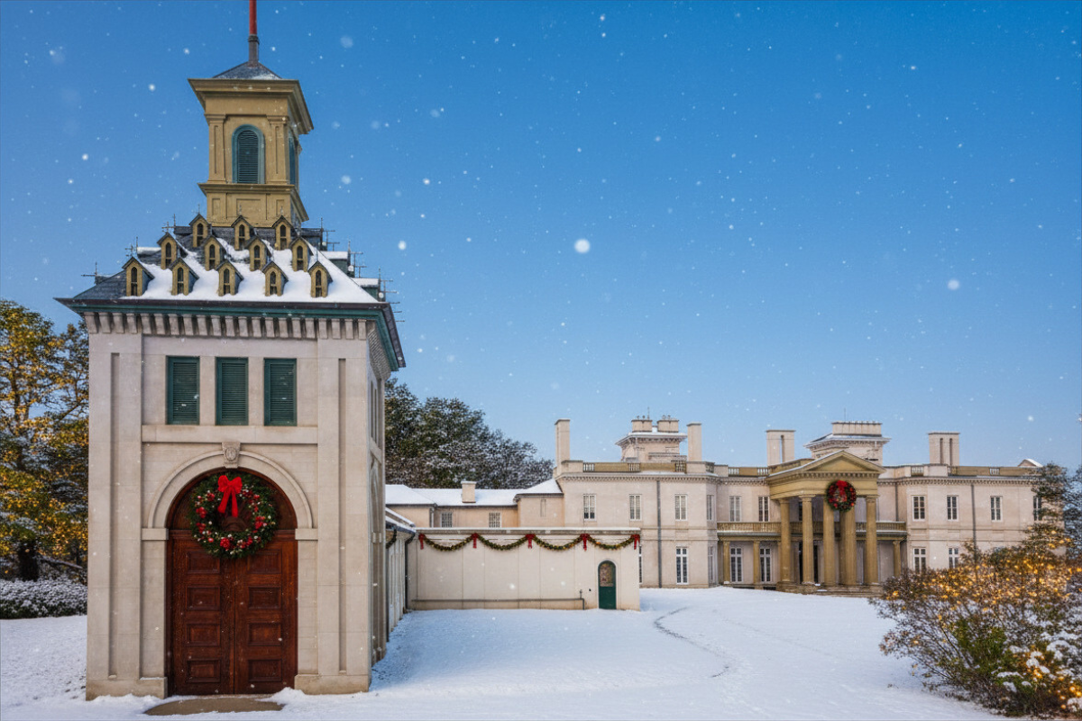 Snow-covered castle gate with a red wreath and courtyard under a blue sky
