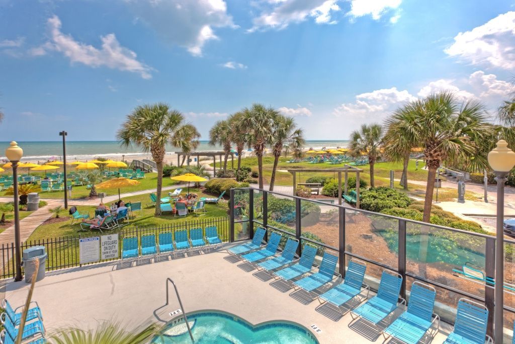 Beach resort scene with pool, blue chairs, palm trees, and ocean view.