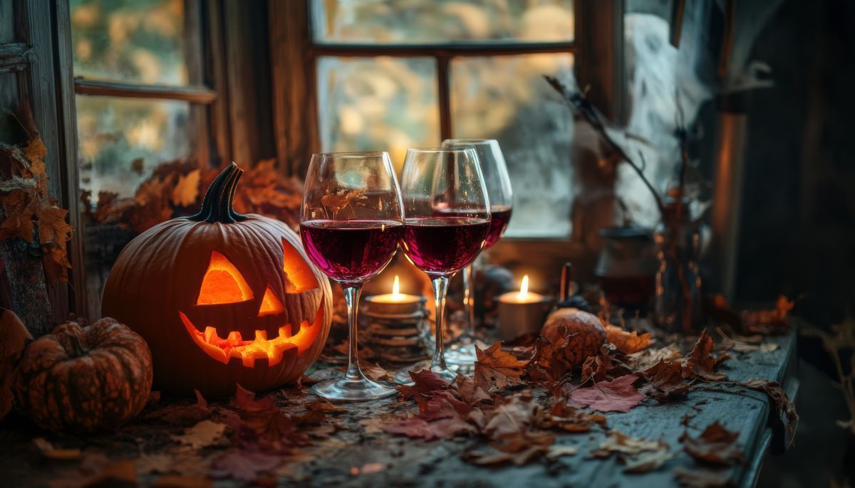 Jack-o'-lantern, wine glasses, and candles on a table with fall leaves, by a window. Halloween ambiance.
