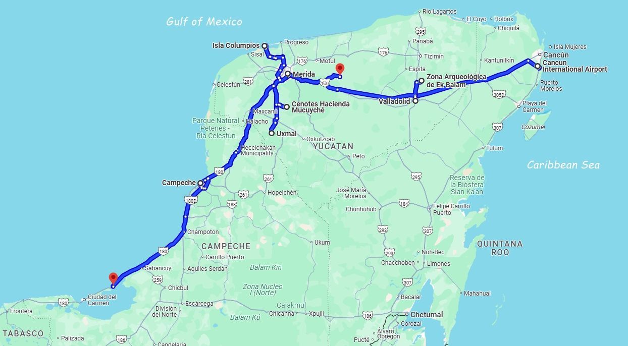 Map of the Yucatán Peninsula, Mexico, with a blue line indicating a route between various coastal and inland locations.