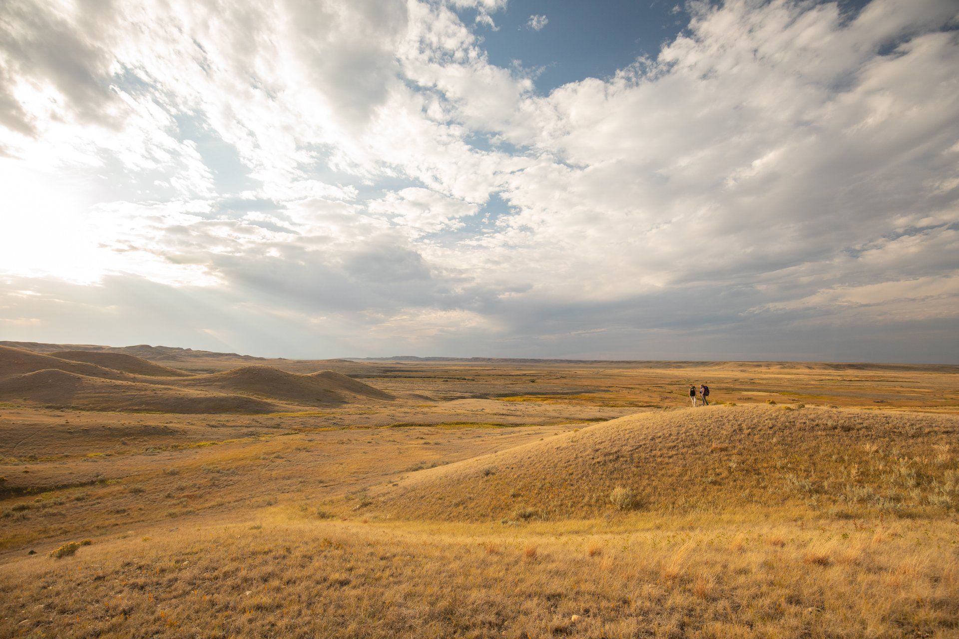 Rolling golden hills under a cloudy blue sky; two figures stand in the distance.