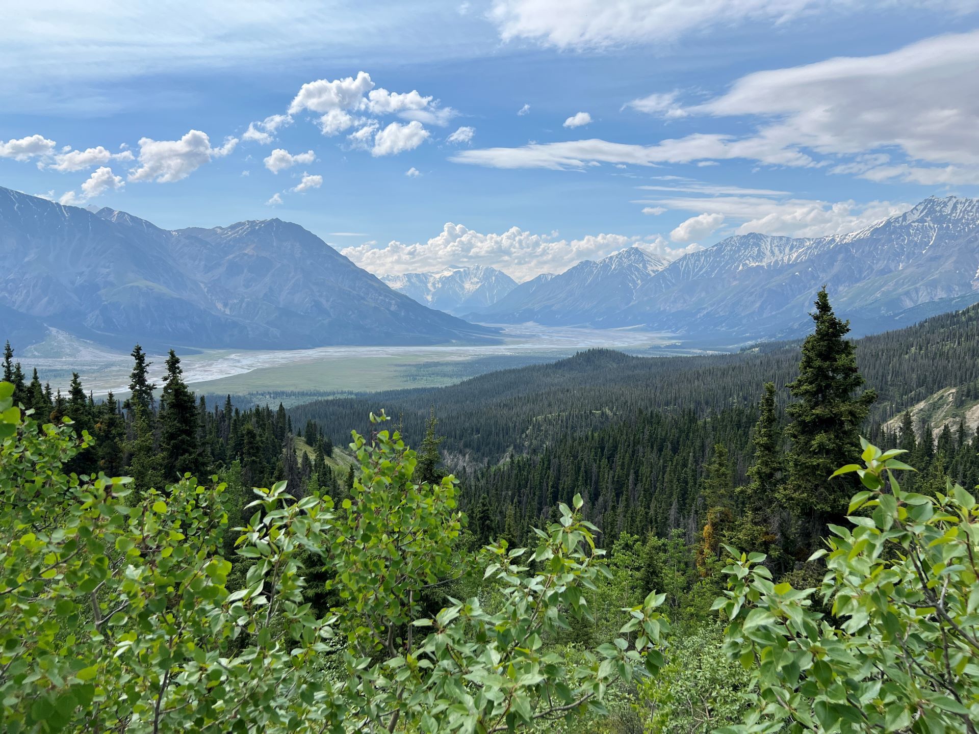 Lush green forest and valley lead to snow-capped mountains under a blue, cloudy sky.
