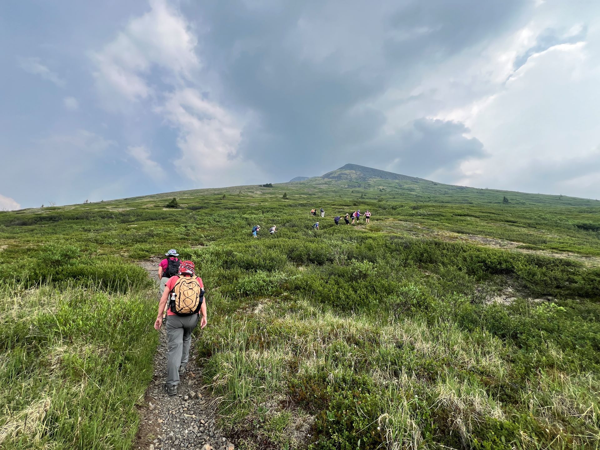 Hikers ascending a green mountain slope under a cloudy sky.