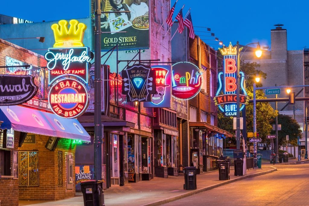 Neon signs light up Beale Street, Memphis.
