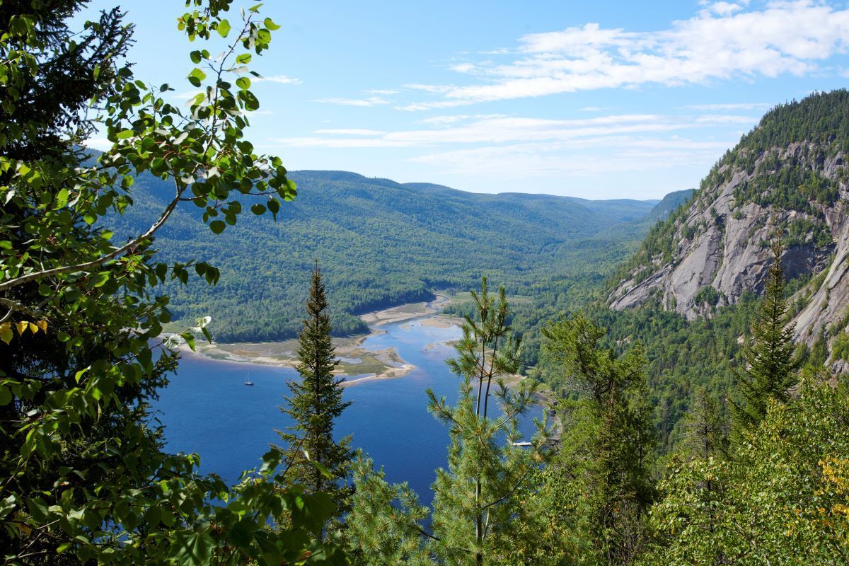Scenic lake and forest valley framed by green trees and rocky cliffs under a blue sky