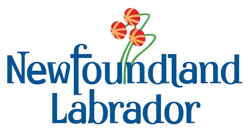 Newfoundland and Labrador logo with blue text and stylized red and orange berries.