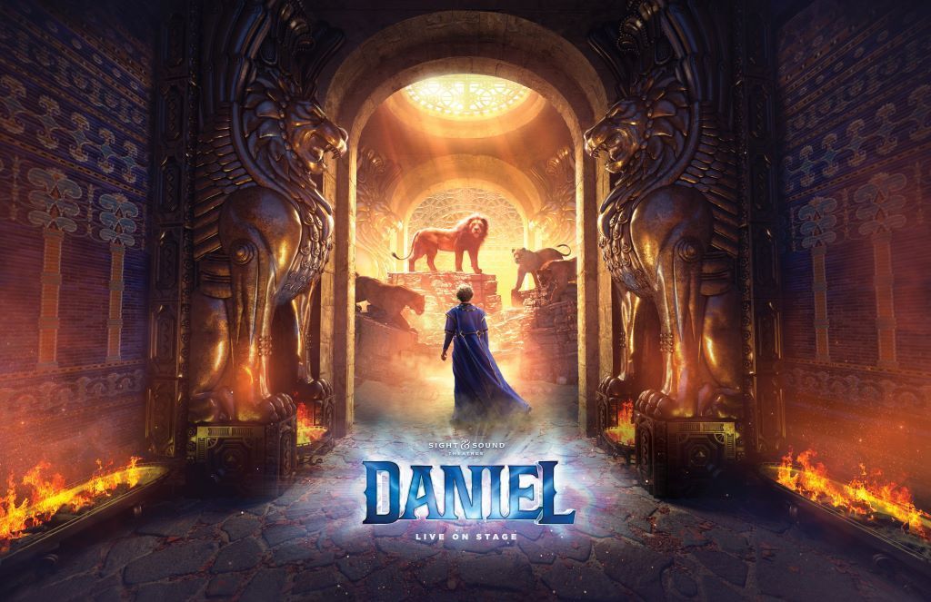 Daniel standing before a lion's den, illuminated doorway, golden glow, fire along sides, title below.