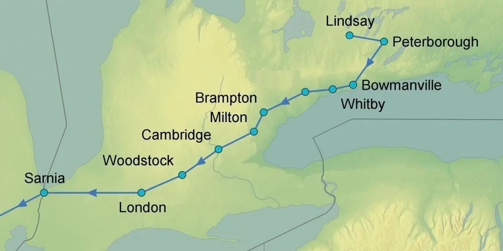 Map of Ontario showing a route with cities like Sarnia, London, Toronto, and Lindsay.