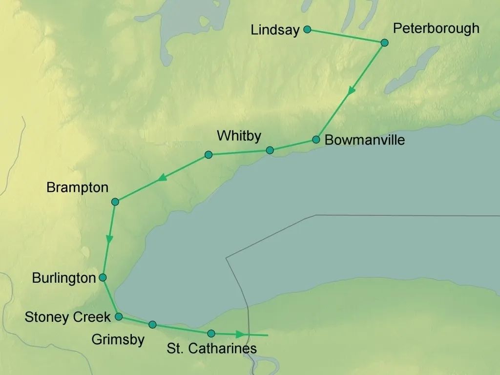 Map showing a route from St. Catharines to Peterborough, Ontario, passing through cities like Brampton and Whitby.