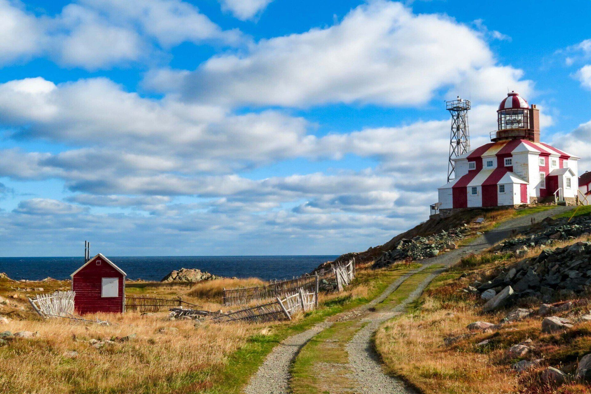 Red and white lighthouse on a hill overlooking the ocean. A dirt road leads up to it. Sunny day with blue sky.