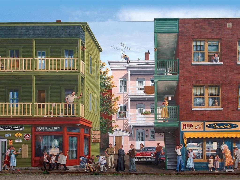Street scene with multi-story buildings, people socializing, and red brick and green painted facades.
