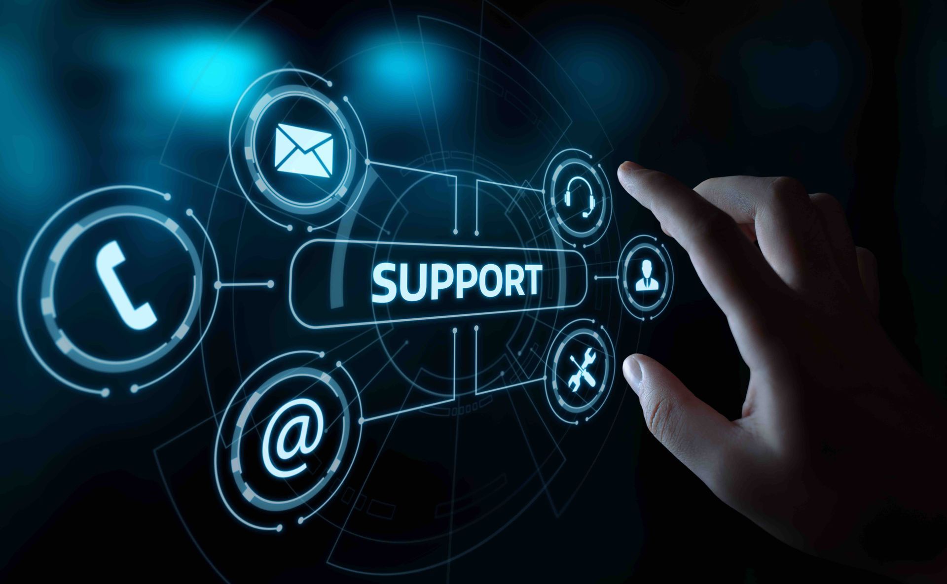 Digital support interface with icons for phone, email, and chat over a dark blue background
