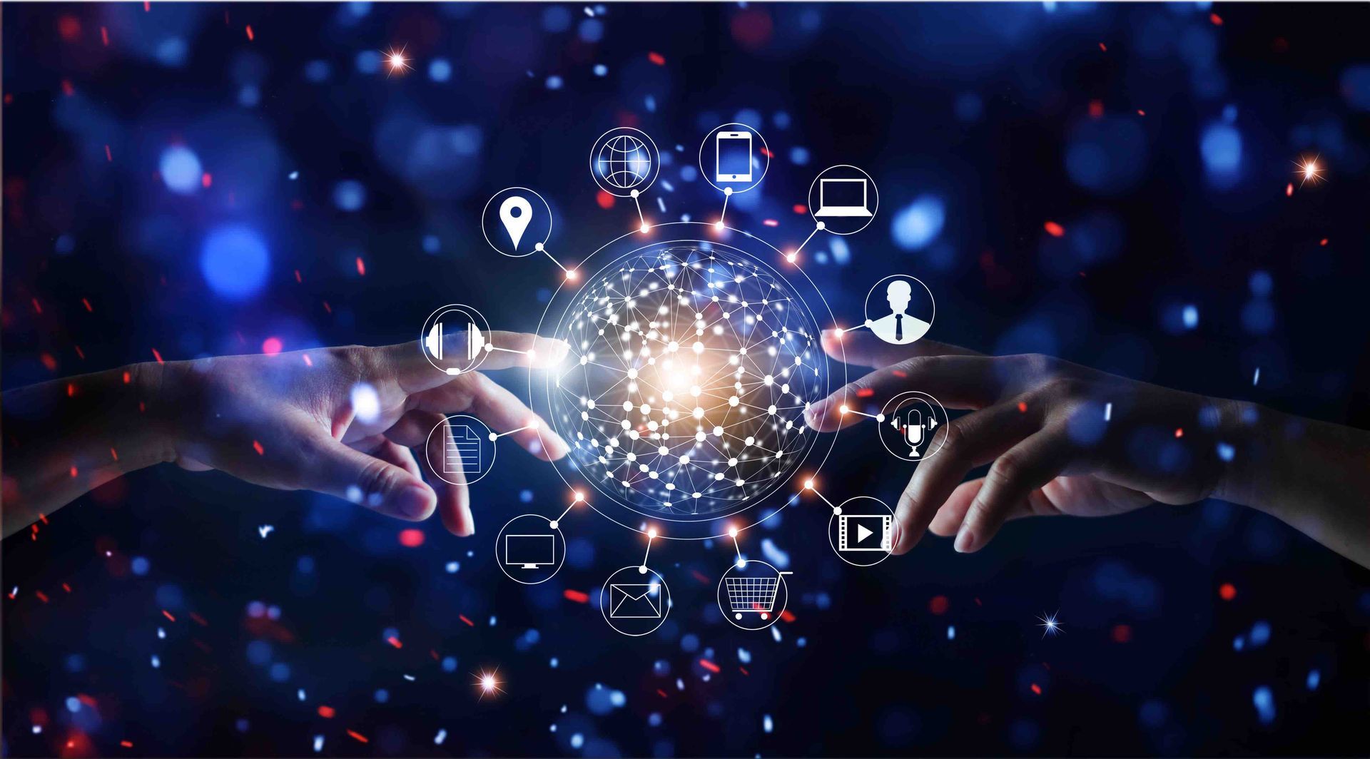 Two hands reaching toward a glowing digital network with floating tech icons on a dark blue background