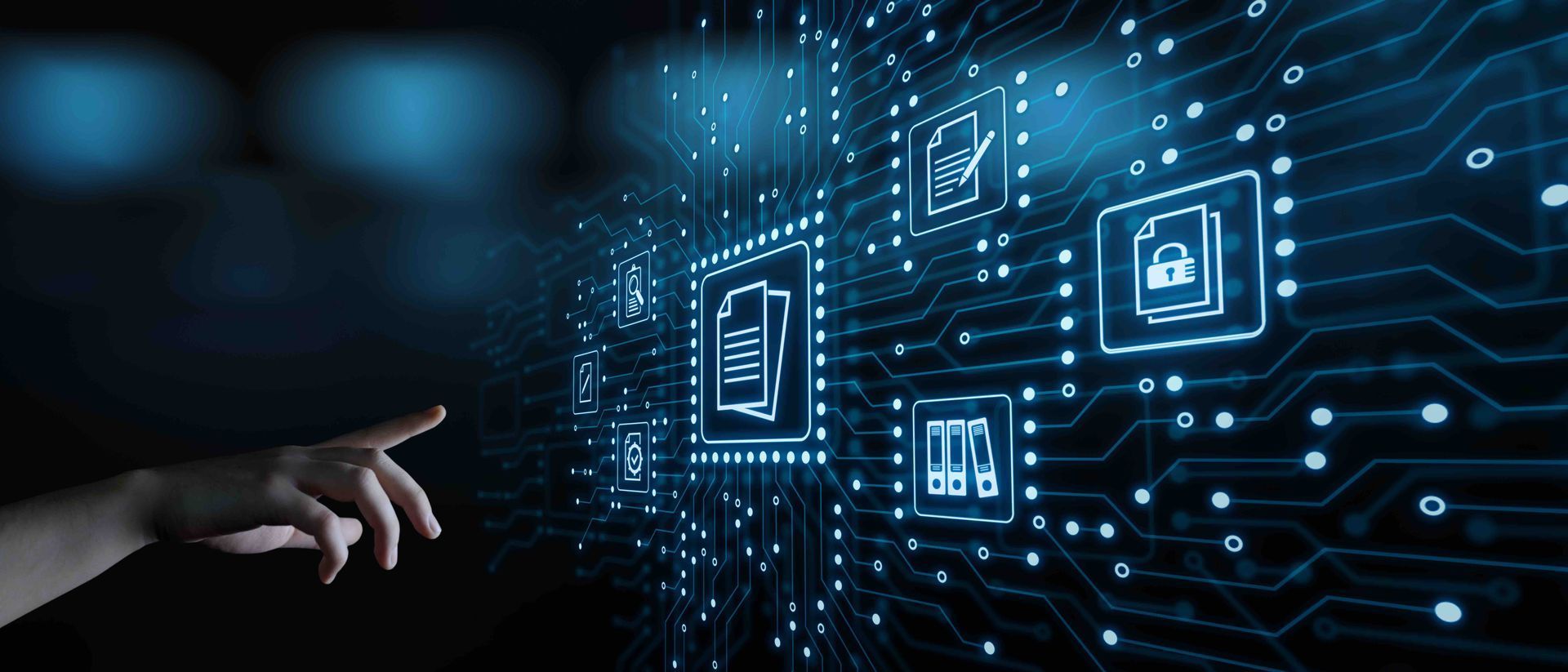 Hand reaching toward glowing digital interface icons on a dark blue circuit board background
