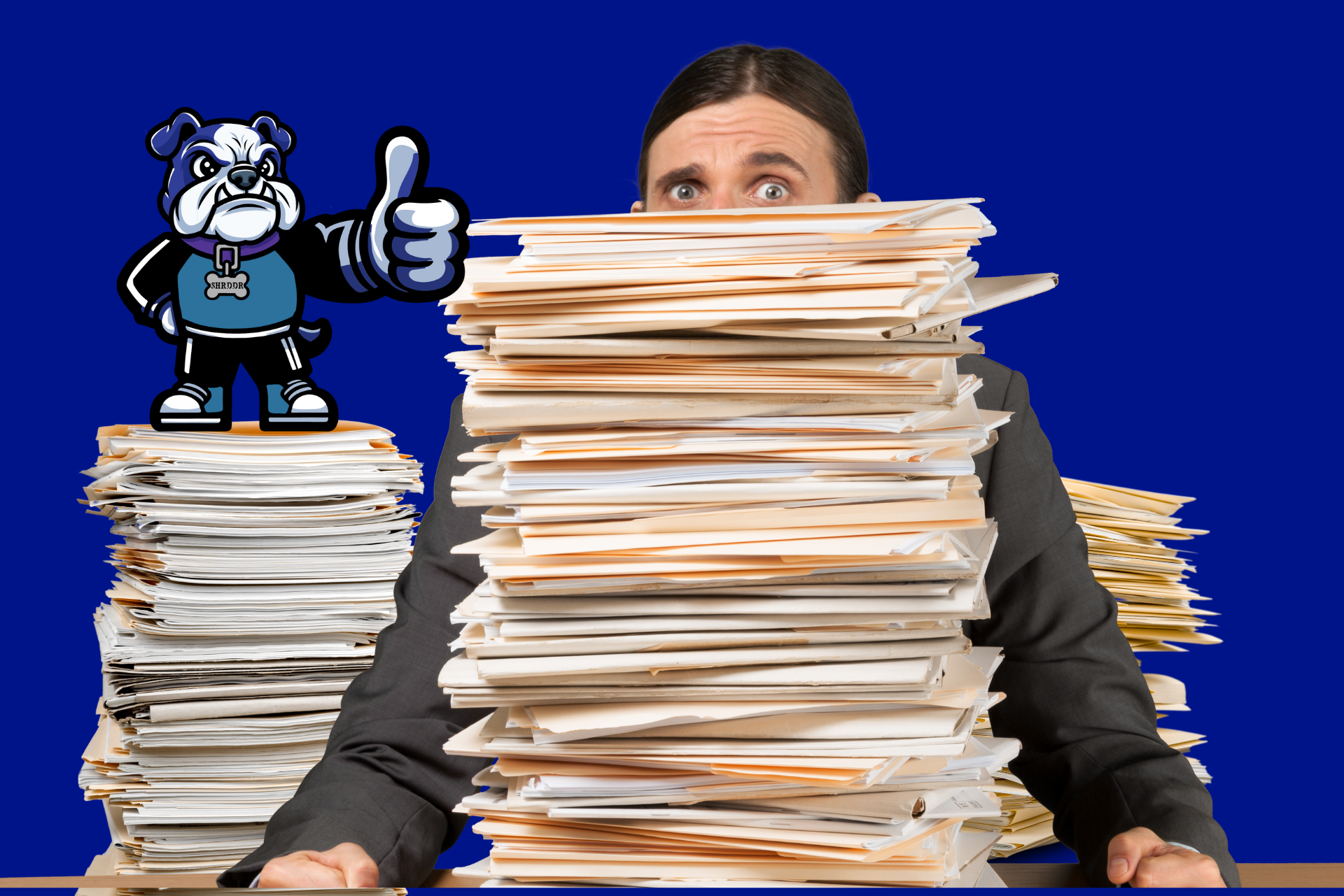 Person overwhelmed by paperwork, hiding behind a tall stack. Bulldog mascot gives thumbs up, blue background.