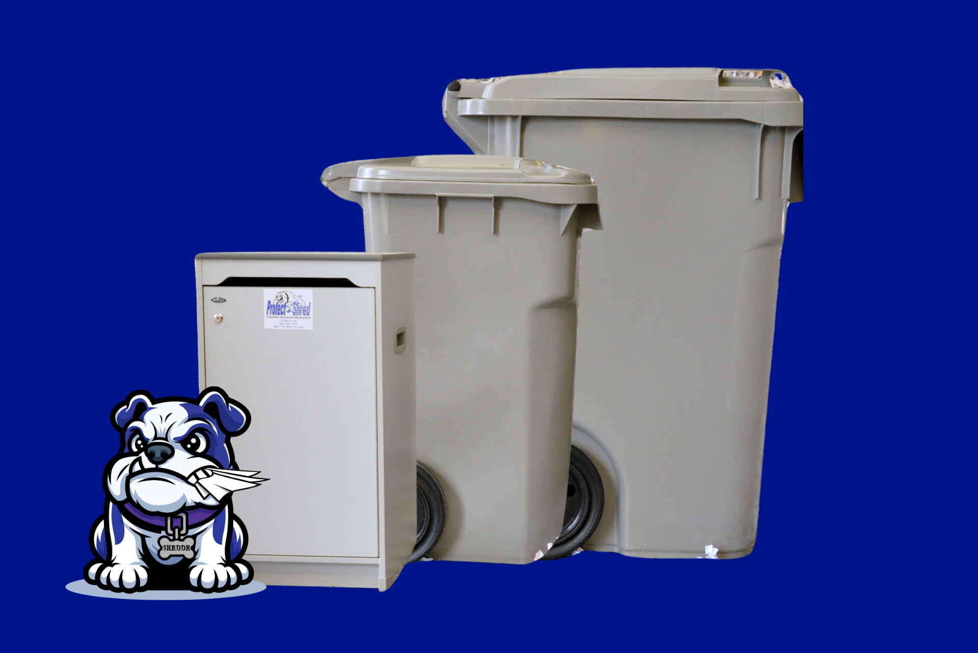 Bulldog mascot next to recycling bins of different sizes, on blue.