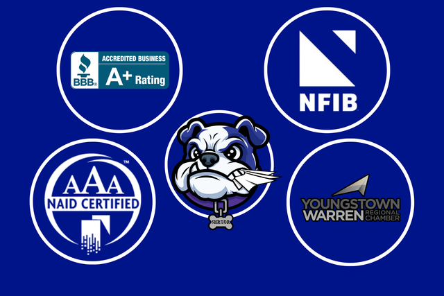 Logos for various organizations surrounding a bulldog mascot on a blue background.
