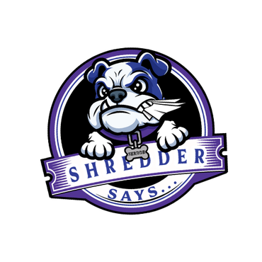 Bulldog mascot named Shredder with an angry expression, in a purple and black emblem.