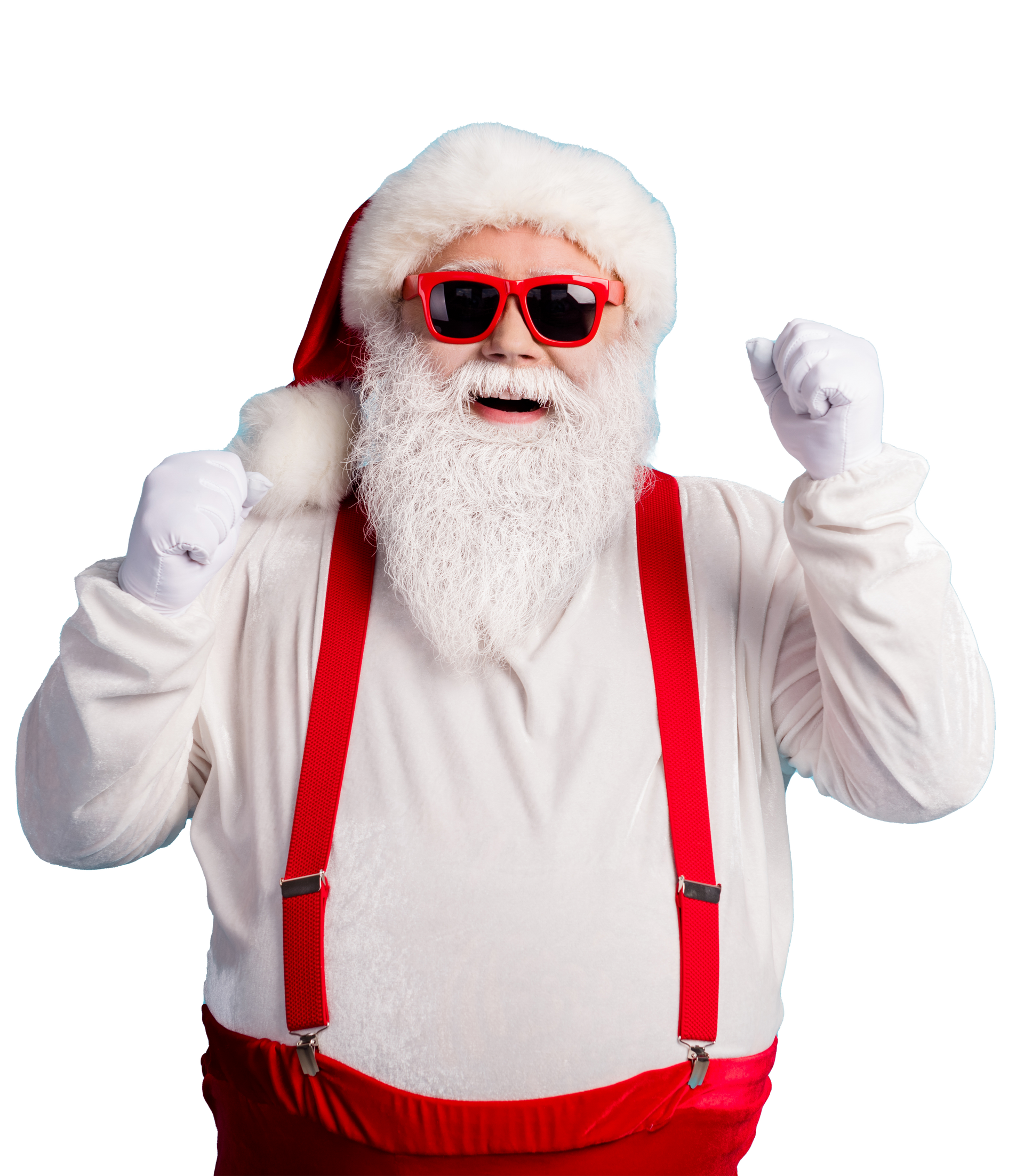 A man dressed as santa claus wearing sunglasses and suspenders.