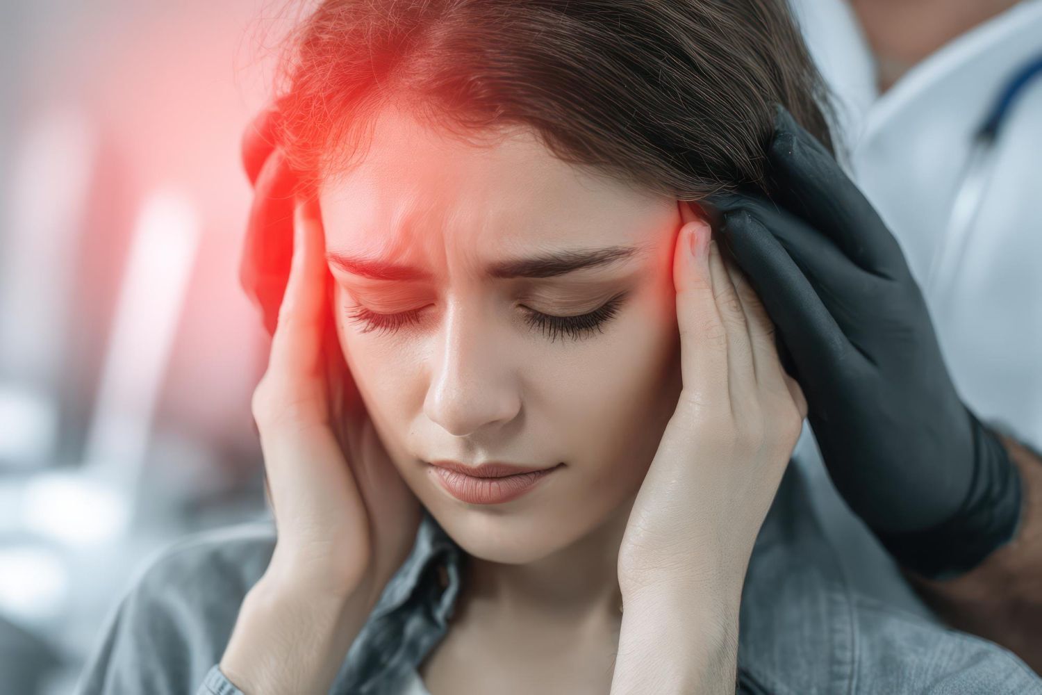 A person with an expression of pain clutches their head, which is highlighted in red, as a clinician examines them.