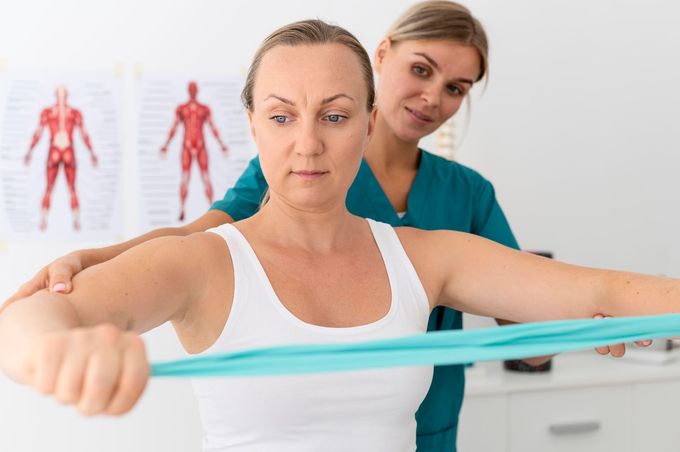 a woman is stretching her arms with a resistance band