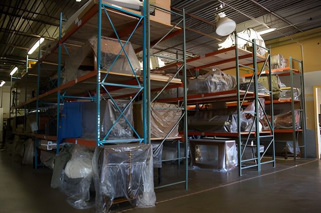 Shelving unit filled with covered equipment in a warehouse setting.