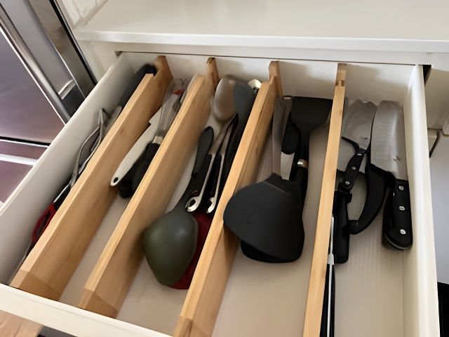 Kitchen drawer with wooden dividers holding various cooking utensils and knives.